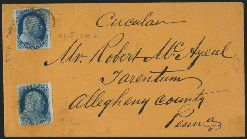 1c Blue, Ty. V (24).> Two singles, Positions 41L5 and 65L5, top stamp showing <captured part imprint at left,> both tied by grid cancels on buff cover from Philadelphia to Tarentum Pa., endorsed <<Circular>>
at top, scissors separation of imprint s