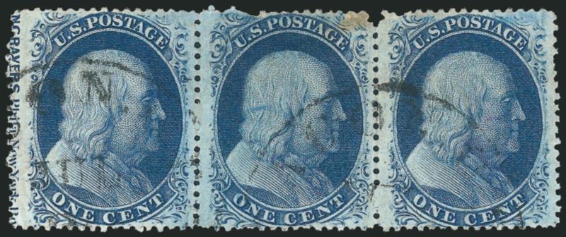 1c Blue, Ty. V (24).> Positions 51-53L5, strip of three, wide left margin beautifully captures <^(E)NGRAVERS,^ Phila. New York. Bo(ston) portion of imprint,> typical detailed Plate 5 impression, cancelled by
two strikes of circular datestamp, fault