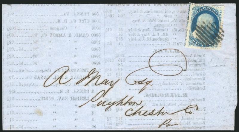1c Blue, Ty. V (24).> Position 51L5 with <^ENGRAVERS^, Phila. New York. Bos(ton) portion of imprint> captured at left, tied by grid cancel on Sep. 15, 1858 Philadelphia Stock Exchange Sales circular to Pughton
Pa., scissors separation leaves intact