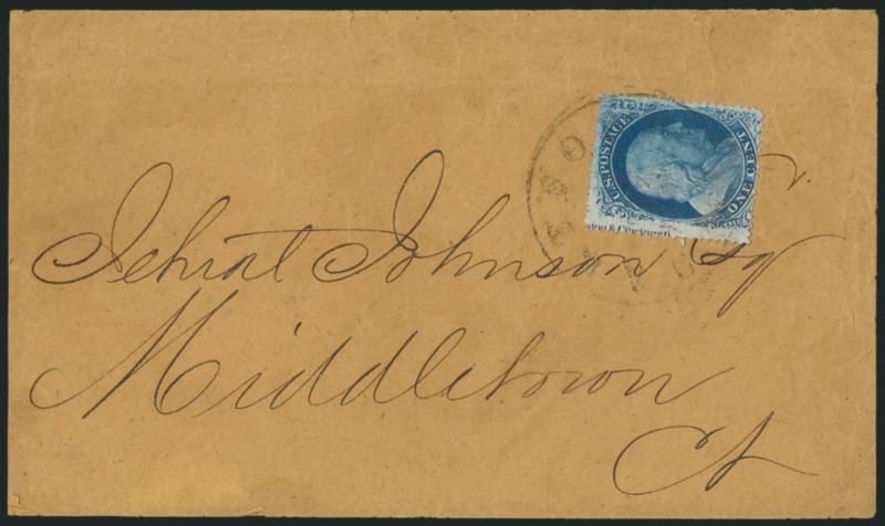 1c Blue, Ty. V (24).> Position 61L5 with wide left margin capturing <part of Plate 5 imprint,> tied by light strike of Hartford Ct. circular datestamp on buff cover to Middletown Conn., couple inconsequential
cover corner nicks, Fine example of Pla