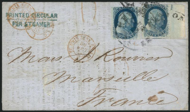 1c Blue, Ty. Va (24).> Two singles, right stamp Position 70R5 with <Topp(an) portion of imprint in selvage,> tied by New Orleans circular datestamps on Aug. 20, 1858 folded circular <to Marseilles, France,>
green Printed CircularPer Steamer hand