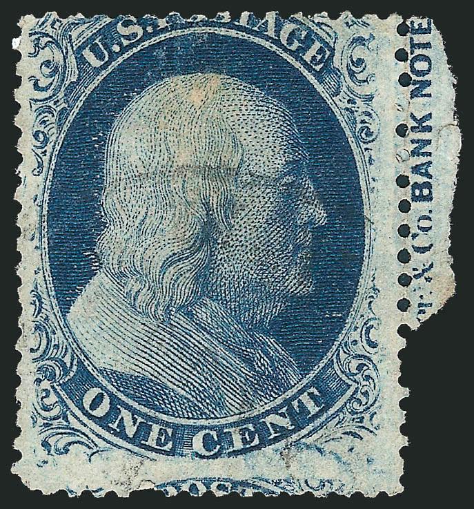 1c Blue, Ty. Va (24).> Position 60R5 with part of sheet selvage at right showing <(Carpent)er & Co. ^BANK NOTE^ portion of imprint,> light cancel, couple small flaws incl. light corner crease and small thin
spot in imprint, otherwise Very Good, a c