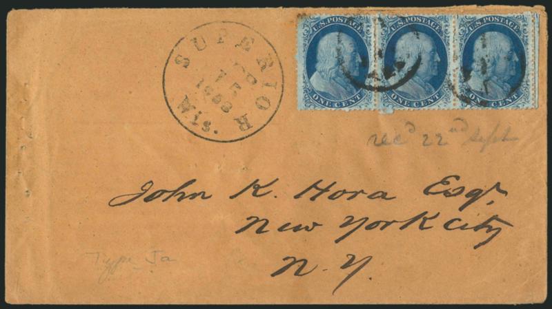 1c Blue, Ty. Va (24).> Positions 8-10L5, horizontal strip of three with <perforated straddle-pane margin and centerline> at right, all three from the top row A Relief entries in the left pane, tied by circular
cancels, Superior Wis. Sep. 15, 1858 c