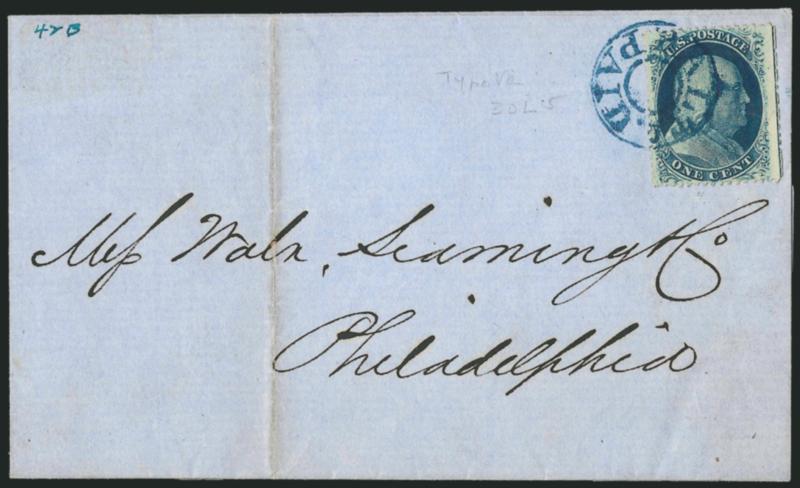 1c Blue, Ty. Va (24).> Position 30L5 with <perforated straddle-pane margin and centerline> at right, deep rich color, tied by unusually clear strike of <blue Balto. Paid> double-circle handstamp on Oct. 11,
1858 folded cover to Philadelphia, file f