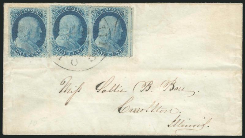 1c Blue, Ty. V, Va (24).> Positions 80L5 (Va), 100L5 (V) and 70L5 (Va), three singles affixed slightly overlapping, each with <perforated straddle-pane margin and centerline> at right, stamps lifted and hinged
to confirm the centerlines, tied by town