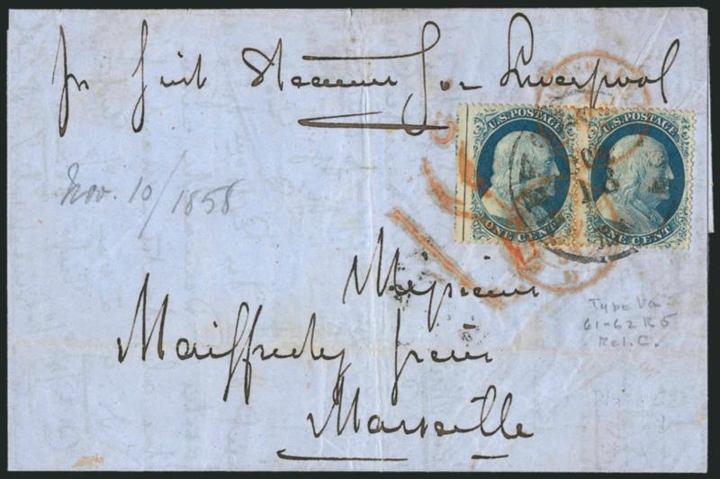 1c Blue, Ty. Va (24).> Positions 61-62R5, horizontal pair with left <straddle-pane margin and centerline,> tied by New Orleans La. Oct. 18 (1858) circular datestamp on blue folded circular <to Marseilles,
France,> endorsed <<per first steamer for