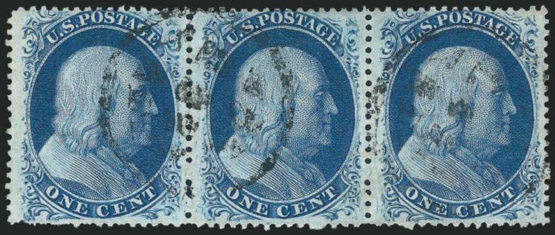 1c Blue, Ty. V (24).> Positions 91-93L5, horizontal strip of three, intense color and crisp impression, neat strikes of town datestamp, minor perf flaws at bottom of left stamp and couple separations, still a
Very Fine and choice strip, desirable Ty.