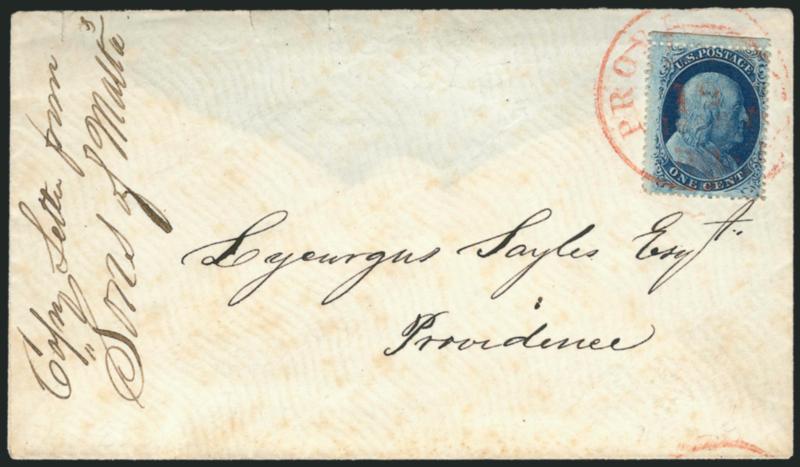 1c Blue, Ty. Va (24).> Position 2L5 with <top sheet selvage,> detailed impression, tied by <red> Providence R.I. ? 12 circular datestamp on local drop-rate cover, docketing at left, top flap missing, otherwise
Fine, a scarce Plate 5 top-row A Relie