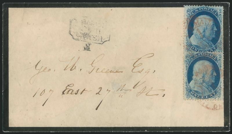 1c Blue, Ty. V (24).> Positions 34L5 and 55L5, bright color, tied by <red PaidU.S. MailCity Delivery1 carrier datestamp> on mourning cover to local street address, bottom stamp small tear at bottom, otherwise
Very Fine, attractive example of Pla