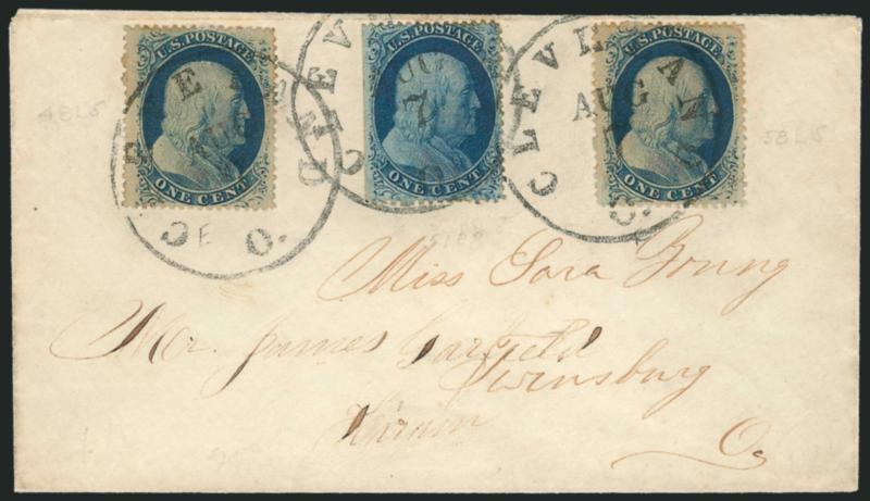 1c Blue, Ty. V (24).> Three singles, Positions 48L5, 51R8 and 58L5, left stamp <curl on shoulder> variety, the two Plate 5 stamps wide margins, the middle stamp s.e. at left, attractively arranged and each
tied by Cleveland O. Aug. 7 (1858) circula