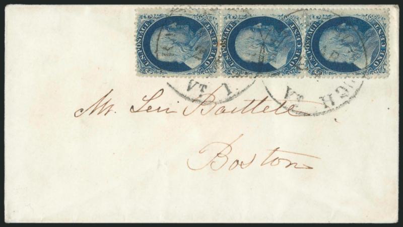 1c Blue, Ty. V (24).> Positions 334353L5, vertical strip of three, deep shade, tied by two strikes of Vermont town datestamp on small neat cover to Boston, small toned spot between top and middle stamps, still
Very Fine, a scarce Ty. V strip from P