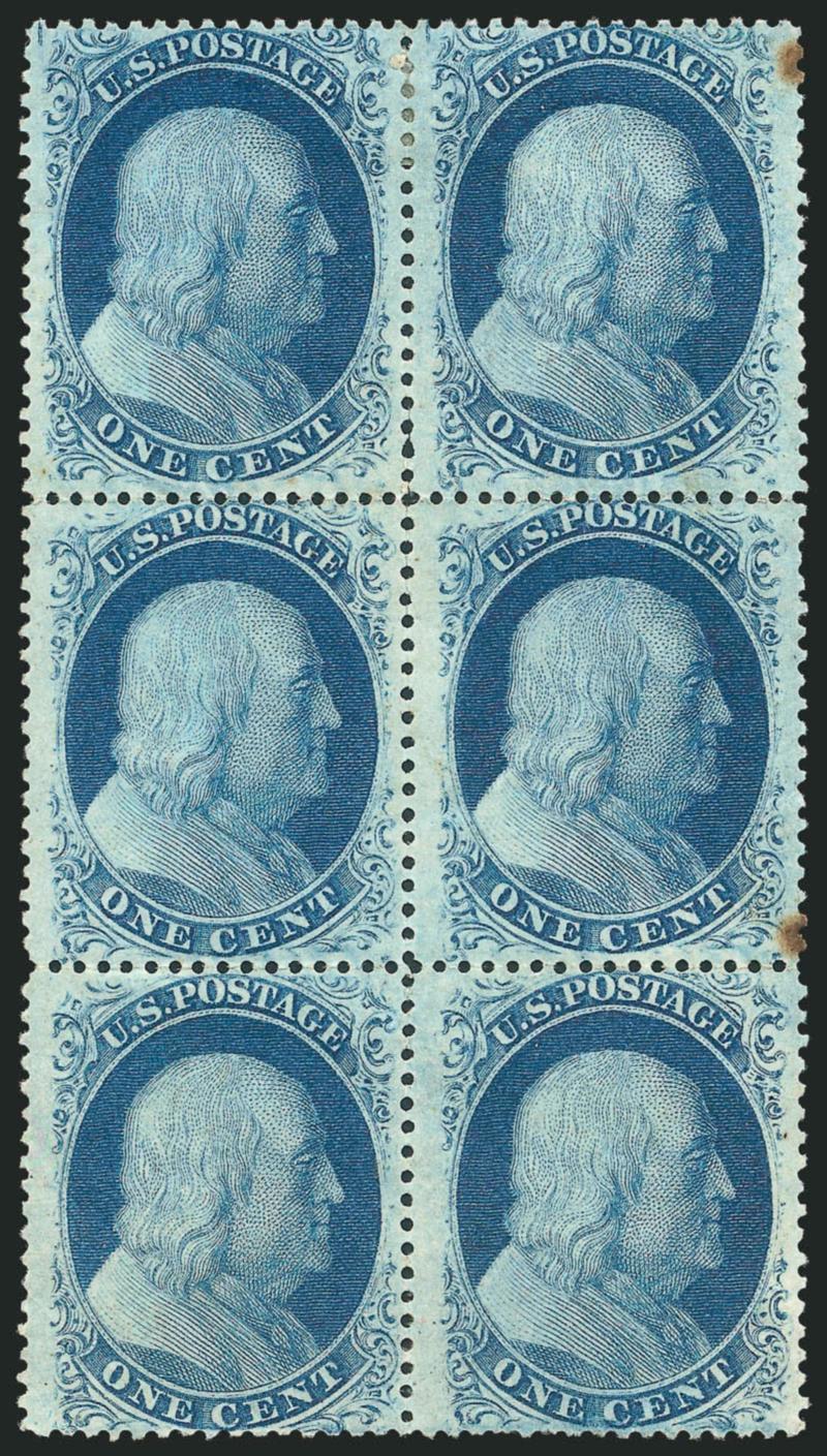 1c Blue, Ty. Va (24).> Positions 9-1019-2029-30R5, block of six from the top right corner of Plate 5 Right, original gum, h.r., choice centering, several interesting plate varieties including top left stamp
strong <curl in O of Postage,> bottom