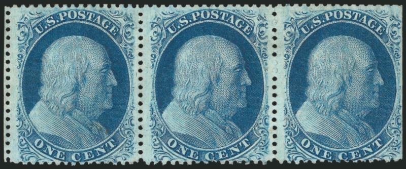 1c Blue, Ty. Va (24).> Positions 28-30L5, unused (no gum), beautiful rich color and sharp impression, scissors-separated at sides leaving intact perfs at left, margins other sides wide to just in at bottom,
overall Fine, a rare unused Plate 5 multipl
