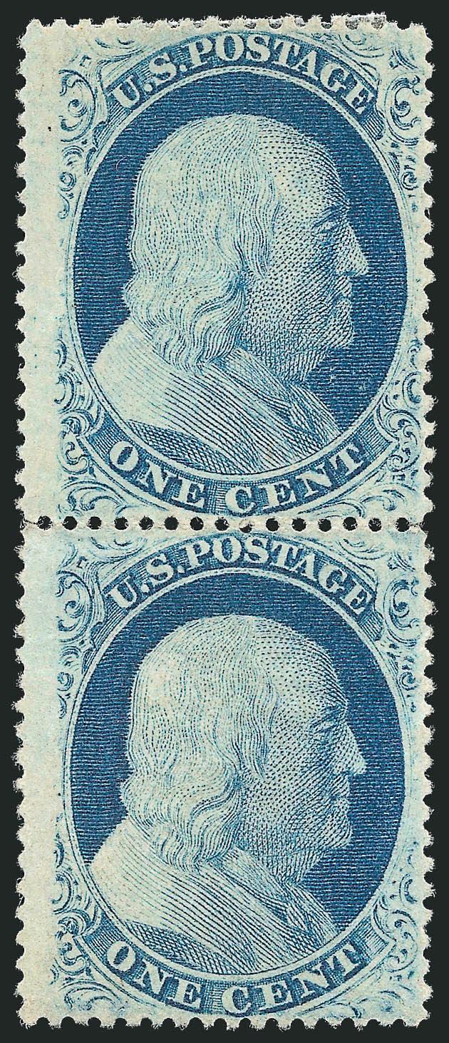 1c Blue, Ty. Va (24).> Positions 6676R5, vertical pair, unused (no gum), fresh color, slightly weak perfs and couple separations, Fine-Very Fine, a scarce Type Va unused pair, ex Neinken, listed but unpriced
as pair, Scott Retail as original-gum sin