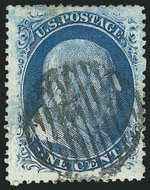 1c Blue, Ty. Va (24).> Position 96R5, from the bottom row with <wide-spaced perforations> resulting in huge margins, rich color, bold grid cancel, this bottom-row Plate 5 Right positions is one of the few that
show extensive plate mottling in and aro