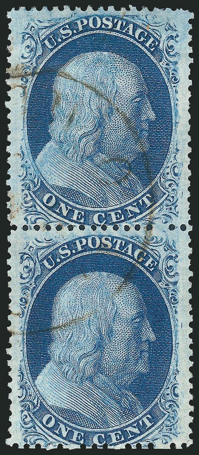 1c Blue, Ty. Va (24).> Positions 1828L5, vertical pair, attractive margins and deep color, light strike of town datestamp, Very Fine, ex Neinken, listed but unpriced as pair, Scott Retail as singles