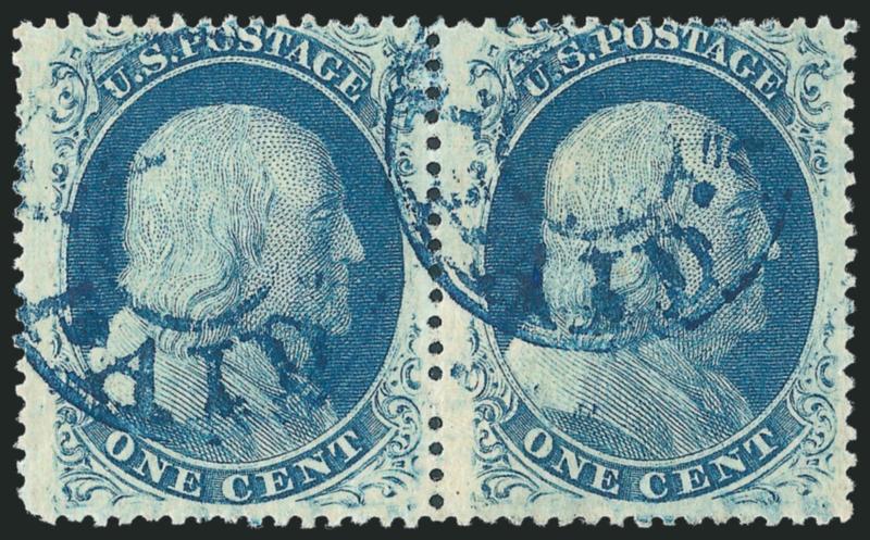 1c Blue, Ty. Va (24).> Positions 67-68R5, wide margins, neat strikes of <blue Balto. Paid> double-circle handstamp, Fine-Very Fine, an attractive Type Va pair, Scott Retail as singles, ex Neinken