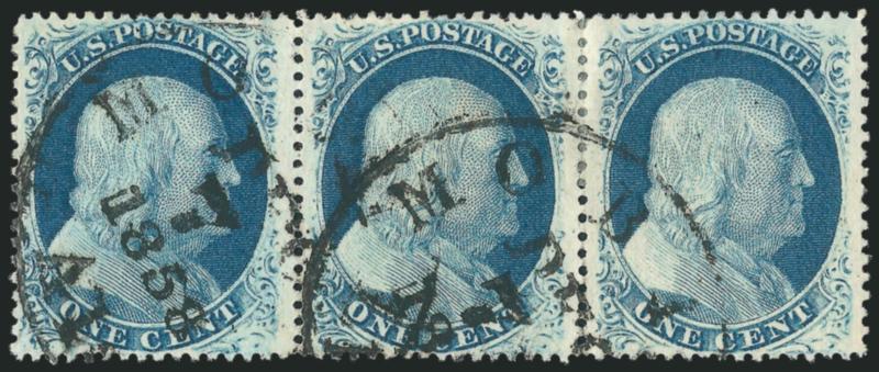 1c Blue, Ty. Va (24).> Positions 72-74R5, horizontal strip of three, bright color and outstanding centering, bold strikes of Mobile Ala. Dec. 7, 1858 circular datestamp, some hinge reinforced perf separations
between center and right stamps, Extrem