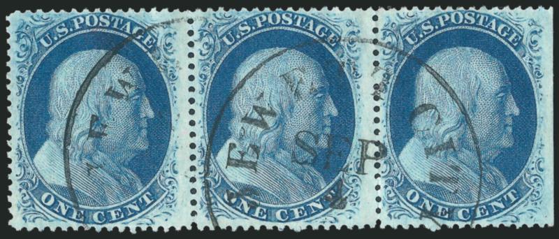 1c Blue, Ty. V-Va-Va (24).> Positions 48-50L5, horizontal strip of three with transition from Type Va to V (right to left), left stamp 48L <curl on shoulder> variety and Type V (according to Neinken),
beautiful color and proof-like Plate 5 impression