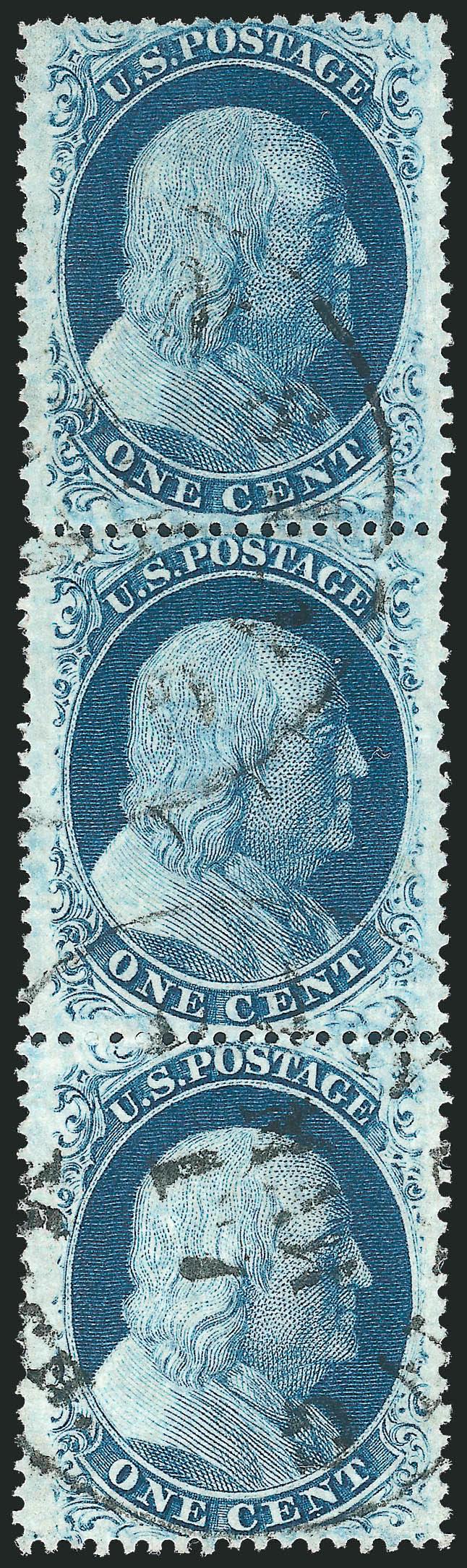 1c Blue, Ty. Va (24).> Positions 273747R5, vertical strip of three, bright color on fresh paper, attractive centering, cancelled by two strikes of Michigan town datestamp, fresh and Very Fine, listed in Scott
as a strip of three but unpriced, with