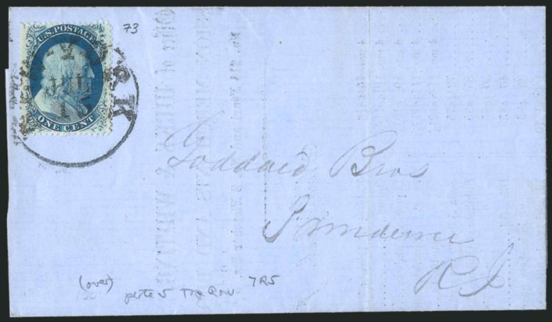 1c Blue, Ty. Va (24).> Position 7R5, top-row A Relief, deep rich color and choice centering, tied by New-York Jul. 15 circular datestamp on small 1858 Hicks & Whiting prices current to Providence R.I.,
Extremely Fine, ex Neinken and signed on back