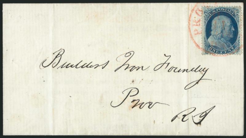 1c Blue, Ty. Va (24).> Position 63R5, lovely color and balanced margins, tied by neat strike of <red> Providence R.I. circular datestamp on small June 9, 1858 circular used locally, Extremely Fine, a beautiful
and choice Ty. Va stamp and cover, ex Ne