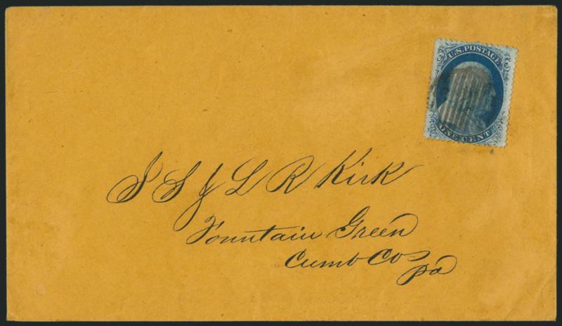 1c Blue, Ty. Va (24).> Position 79R5, rich color and balanced margins, cancelled by circular grid (not tied) on buff cover to Fountain Green Pa., fresh and Very Fine, ex Neinken