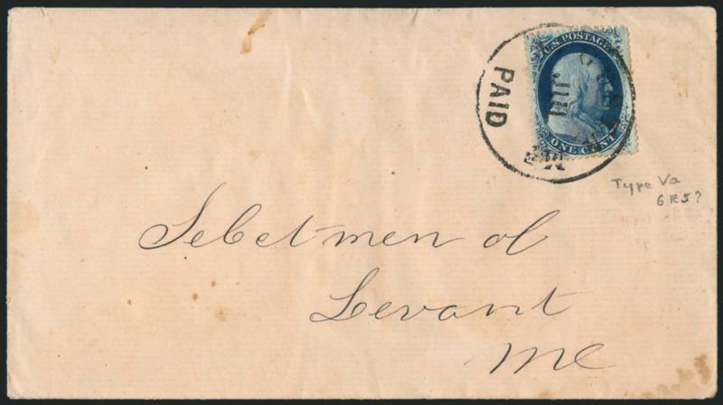 1c Blue, Ty. Va (24).> Plate 5, top-row A Relief, beautiful dark color, well-centered, tied by bold strike of Augusta Me. Jul. (1858) Paid circular datestamp on cover to Levant Me., some minor cover staining
and unpunched perf at top, an attractive