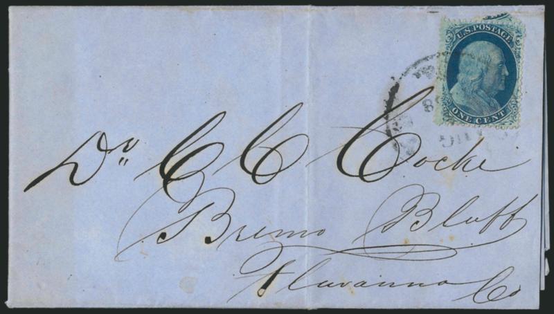 1c Blue, Ty. Va (24).> Position 17L5, tied by Richmond Va. Aug ? 1858 circular datestamp on Bowcock & Brown Commission Merchants Aug. 20, 1858 circular to Bremo Bluff Va., portion of adjoining stamp at top,
file fold clear of stamp, Very Fine, ex N