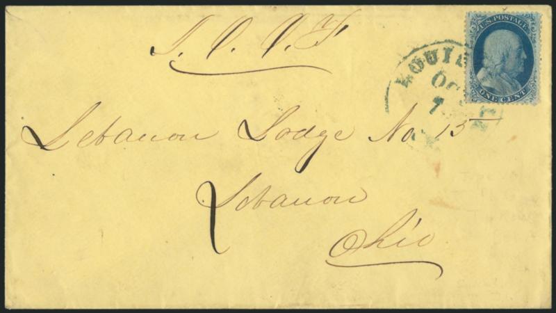 1c Blue, Ty. Va (24).> Position 9R5, showing the <curl in O of Postage,> wide margins and nicely centered, tied by <blue> Louisville Ky. Oct. 7 circular datestamp on yellow cover to Lebanon O., small corner
cover tear, overall Very Fine, ex Nei