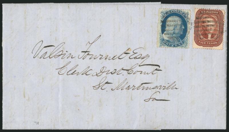 1c Blue, Ty. Va (24).> Position 15R5, used with <5c Red Brown (28),> perfs slightly in at top, both stamps tied by grid cancels with matching Donaldsonville La. Dec. 1 (1858) circular datestamp (struck on
back, cover may have been refolded) on fold