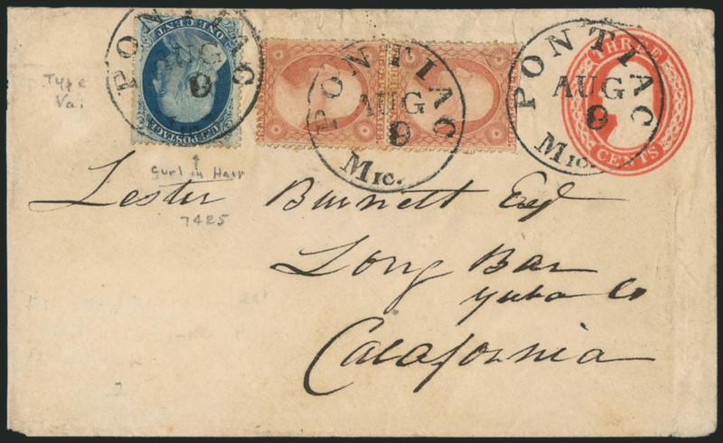 1c Blue, Ty. Va (24).> Position 74R5, prominent <curl in hair> variety, used with pair <3c Dull Red, Ty. III (26),> all stamps tied by bold strikes of Pontiac Mic. Aug. 9 circular datestamp on 3c Red Nesbitt
entire to Long Bar Cal., one 3c stamp de