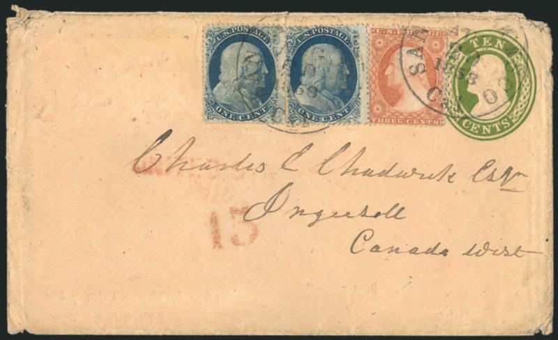 1c Blue, Ty. V, Va (24).> Two, Positions 85R5 (Ty. V) and 16R5 (Ty. Va), used with <3c Dull Red, Ty. III (26),> all stamps tied by San Francisco Cal. Aug. 20, 1858 circular datestamp on 10c Green Nesbitt
entire <to Ingersoll, Canada West,> light st
