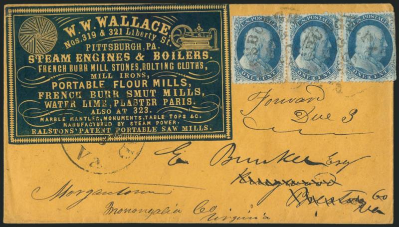 1c Blue, Ty. Va (24).> Positions 8-10R5, left and middle stamps showing the <curl in O of Postage> variety, tied by two strikes of Pittsburgh Pa. circular datestamp on <W.W. Wallace Steam Engines & Boilers>
cameo corner card with illustration o
