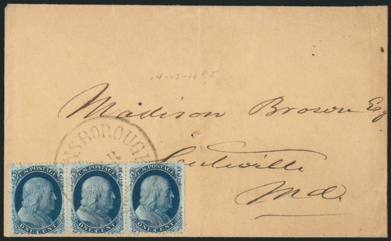 1c Blue, Ty. Va (24).> Positions 14-16R5, horizontal strip of three, deep rich color and wide margins, just in at bottom, tied by (Winns)borough Md. Mar. ? circular datestamp on neat cover to another Maryland
town, stamps lifted and replaced, seale