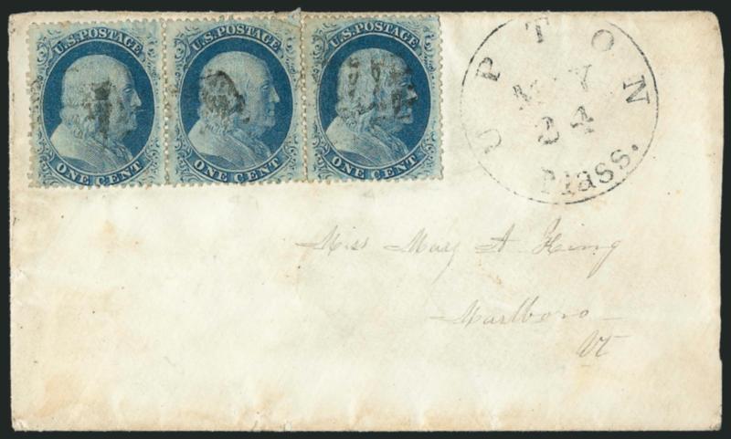 1c Blue, Ty. Va (24).> Positions 46-48R5, horizontal strip of three, small dotted grid cancels (not tied), matching Upton Mass. May 24 circular datestamp on cover to Marlboro Vt., right stamp corner crease and
middle stamp defective, appears Fine,