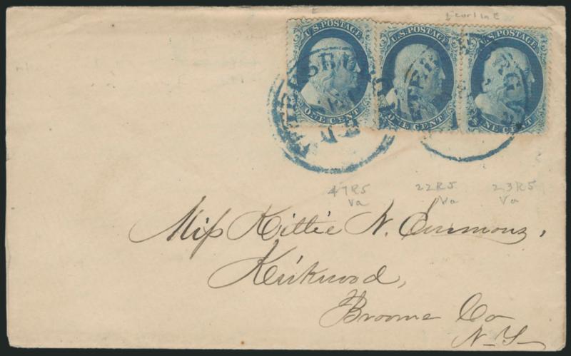 1c Blue, Ty. Va (24).> Positions 47R5 and 22-23R5, single and horizontal pair, middle stamp showing the prominent <curl in E of Postage> varitety, tied by two strikes of <blue> Petersburg Va. Sep. 13 (1858)
circular datestamp on cover to Kirkwo
