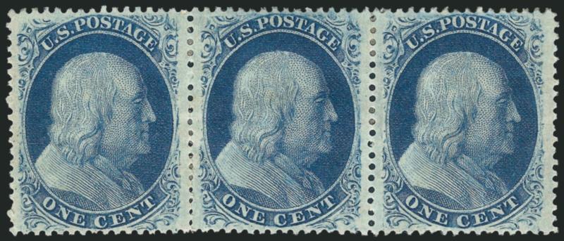 1c Blue, Ty. V-Va-Va (24).> Positions 66-68L5, horizontal strip of three with <combination of Types V, Va and Va,> left stamp shows prominent side scratches on C Relief, disturbed original gum, middle stamp
h.r., rich color and choice centering, some