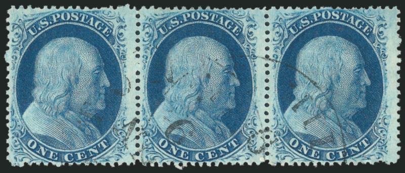 1c Blue, Ty. V-Va-Va (24).> Positions 16-18L5, horizontal strip of three with <combination of Types V-Va-Va,> deep rich color, light town datestamp, tiny tear in right stamp and center stamp with band that
dips dark but does not appear to have any pa