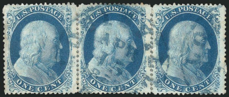 1c Blue, Ty. V-V-Va (24).> Positions 25-27L5, horizontal strip of three with <combination of Types V-V-Va,> nicely centered, <blue> Louisville Ky. datestamp, largely separated and rejoined with hinges, faint
corner crease on left stamp, Fine-Very Fin