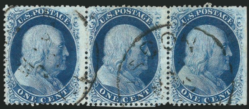 1c Blue, Ty. V-Va-Va (24).> Positions 58-60L5, horizontal strip of three with <combination of Types V-Va-Va,> straddle-pane margin at right, dark color, two strikes of town datestamp, faint vertical crease in
left stamp, appears Fine, ex Neinken