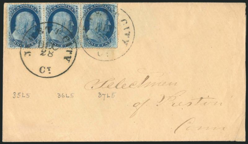 1c Blue, Ty. V-V-Va (24).> Positions 35-37L5, horizontal strip of three with <combination of Types V-V-Va,> rich color and nicely balanced margins, tied by two strikes of Jewett City Ct. Dec. 28 circular
datestamp on cover to the Selectmen of Prest