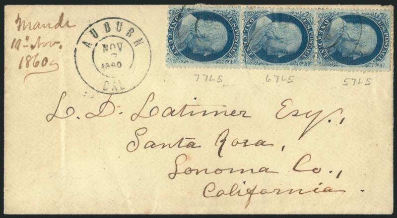 1c Blue, Ty. VVaVa (24).> Positions 576777L5, vertical strip of three, <combination of Types VVaVa,> FCD Reliefs, wide margins at sides and rich color, tied by light strikes of Auburn Cal. Nov. 2, 1860
double-circle datestamp with clearer s
