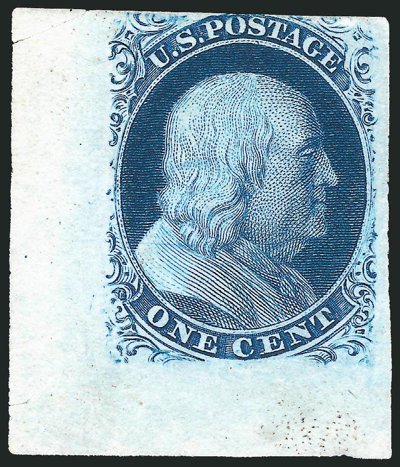 1c Blue, Ty. V, Plate Proof on India (24P3).> Position 91R9 with large bottom left corner sheet margins, large at right, slightly in at top, beautiful dark shade, slight creases and small thins as virtually
always, Fine appearance, a rare proof and v