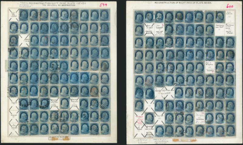 1c Blue, Ty. V (24).> Virtually complete <reconstructions of the left and right panes of Plate 7,> lacking only seven positions on the left pane and 14 positions on the right pane, <includes Positions 36L and
65L> which had not been plated at the tim