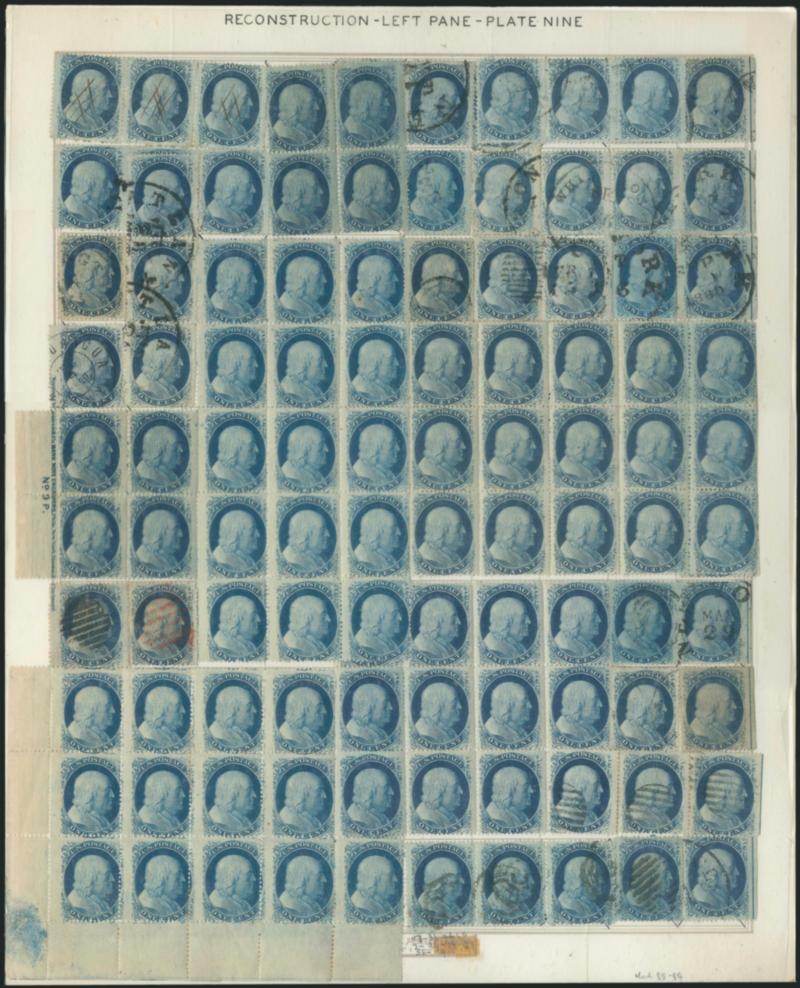1c Blue, Ty. V (24).> Complete <plate reconstruction of the left pane of Plate 9,> comprising primarily large unused blocks including <three original-gum blocks of 15> (one with bottom left corner selvage), an
original-gum block of 12, two blocks of