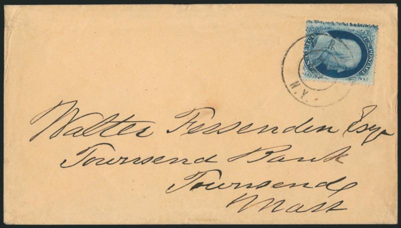 1c Blue, Ty. V (24).> Position 51L7 with part <captured imprint> at left, tied by Troy N.Y. Mar. 20 double-circle datestamp on cover to Townsend Mass., fresh and Very Fine, a scarce imprint copy from Plate 7,
ex Knapp and Neinken