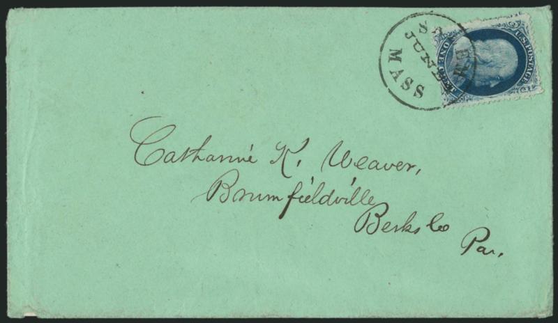 1c Blue, Ty. V (24).> Position 61L7 with part <captured imprint> at left, choice centering, tied by Salem Mass. June 4 circular datestamp on green cover to Brumfieldville Pa., Extremely Fine, a beautiful
cover, ex Neinken