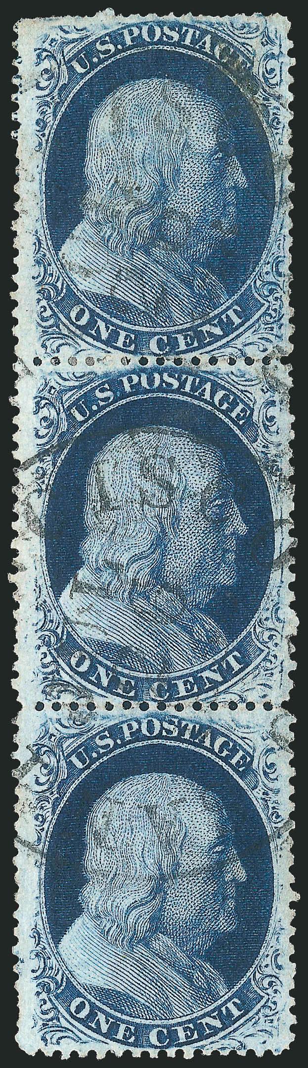 1c Blue, Ty. V (24).> Positions 617181L7, vertical strip of three with trace of <captured imprint> at top left, rich color, neat strikes of San Francisco circular datestamp, top stamp light diagonal crease at
top right, bottom stamp few short perfs