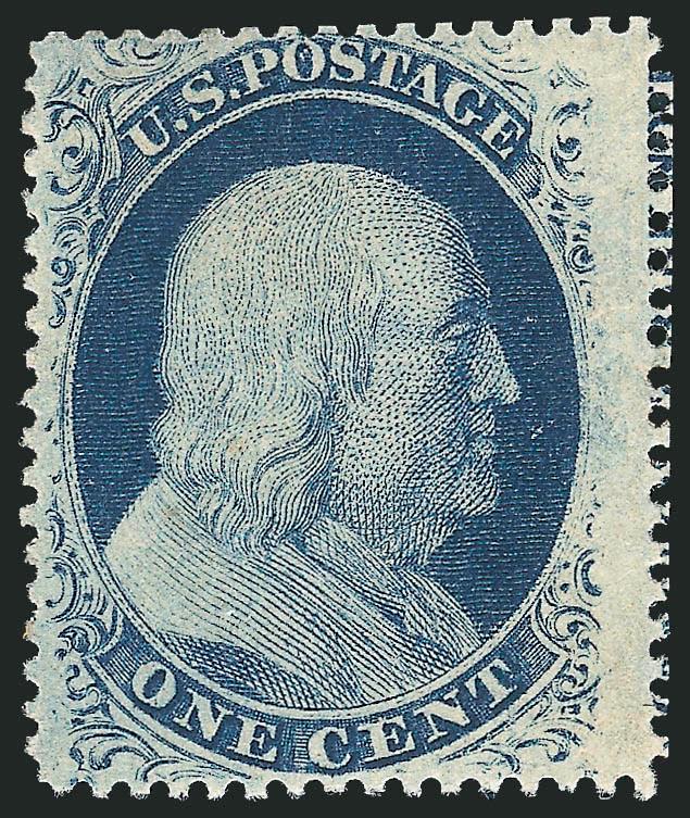 1c Blue, Ty. V (24).> Position 60R7 with traces of <captured imprint> on perfs at right, wide margins, Very Fine and choice, ex Neinken